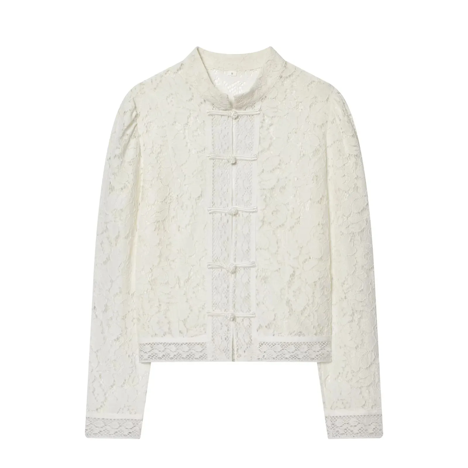 Winter nieuwe dames casual lange Sve opstaande kraag kant haak borduurwerk irt top polyestervezel dun pe dagelijks gebruik dichtgeknoopt