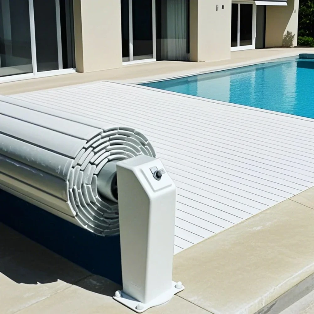 Automatic PC Slatted Pool Cover with Crown Leaf Blocker, Evaporation Reducer Reels Swimming Safety Cover Deposit Outdoor