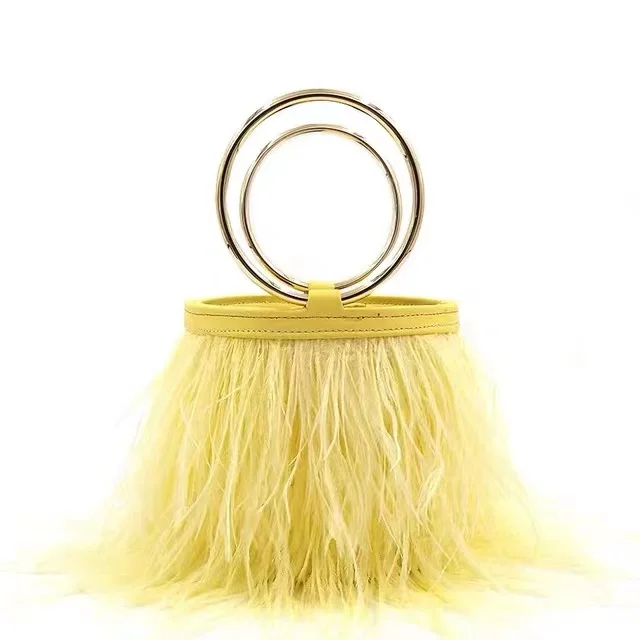 Metal Ring Handle Bucket Bag Women\'s Handbag Luxury Fashion Ostrich Feather Evening Bag Wedding Party Clutch Purse Shoulder Bag