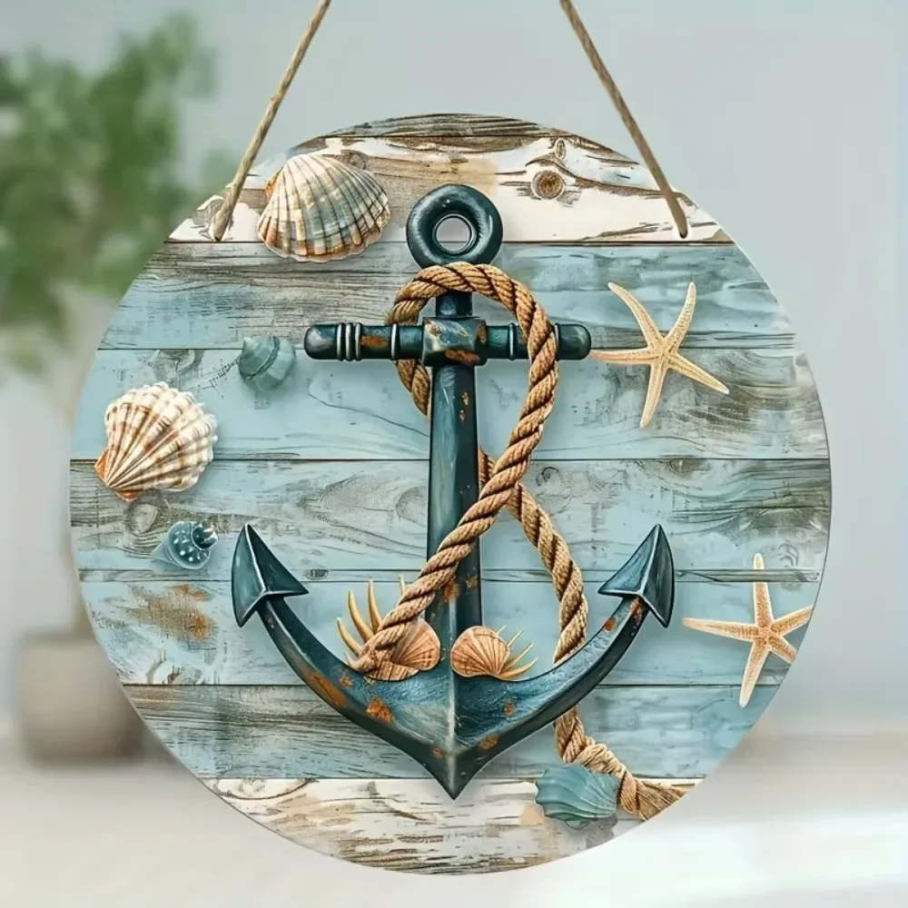 CIFBUY Nautical Anchor Seashell Round Aluminum Hanging Sign Vintage Wooden‑Texture Wall Plaque Home Beach House Decor