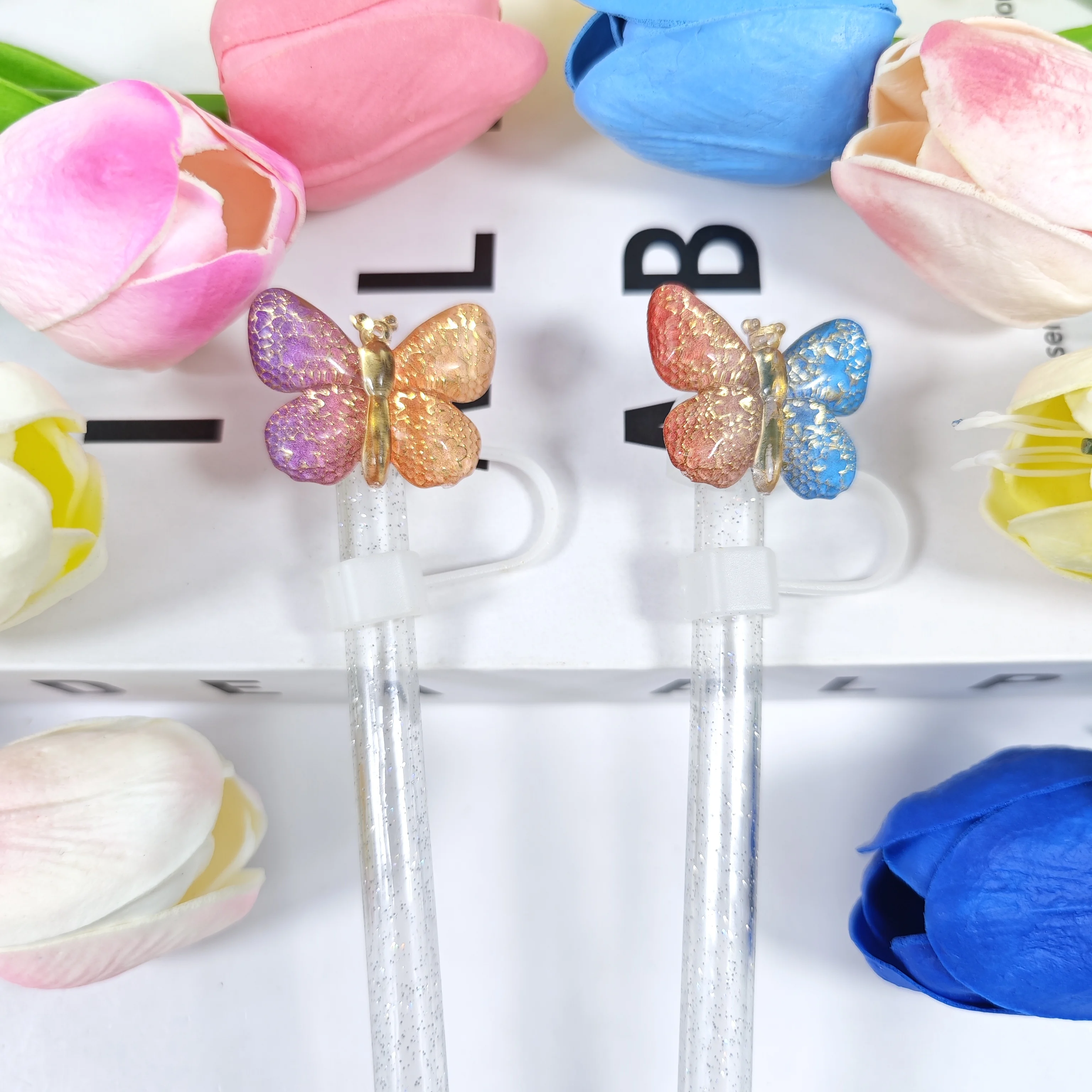 Creative Gradient Butterfly Series Cartoon Straw Cap, Soft Rubber Detachable Straw Dust Cap, Straw Cover