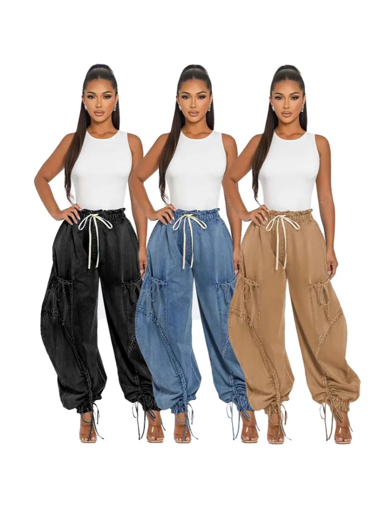 

D8708 Women Streetwear Drawstring Fashion Fly Denim Pants 2024 Autumn Loose Safari Style Cargo Harem Hip Hop Jeans