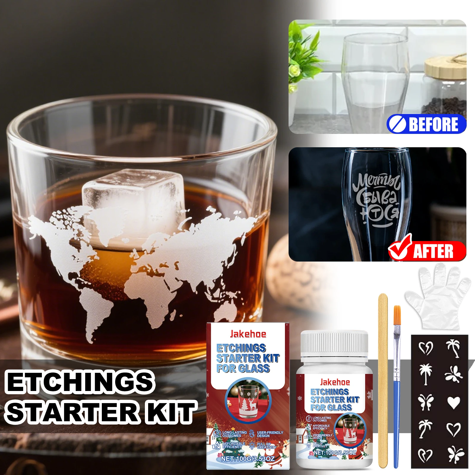JAKEHOE Glass Etchings Starter Kit DIY Matte Pattern on Glass Cup Bottle Glass Door Car Window Easy to Use Long-lasting Effect