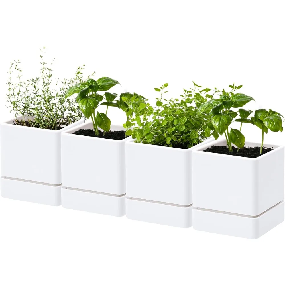 4 Inch Plastic Herb Planter Pot, Drainage Holes and Saucer, Decorative Gardening Pot for Indoor Plants, White, Set of 4