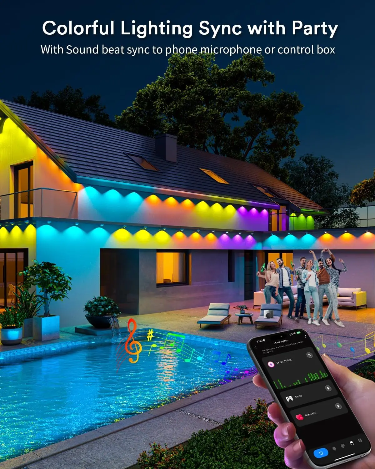 Luzes externas permanentes, 50 pés com 36 luzes LED para iluminação diária e de destaque, vários modos de cena Luzes de beirais com RGB Smar