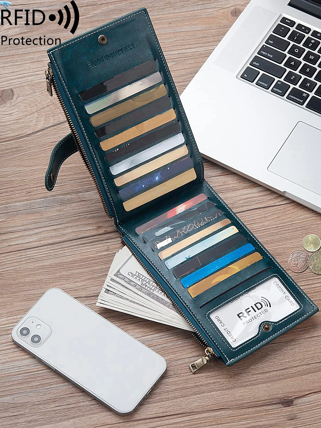 New RFID Shielded Fashion Women's Zipper Long Wallet PU Leather Multi Card Slot Folding Double Layer Money Clip Zero Wallet