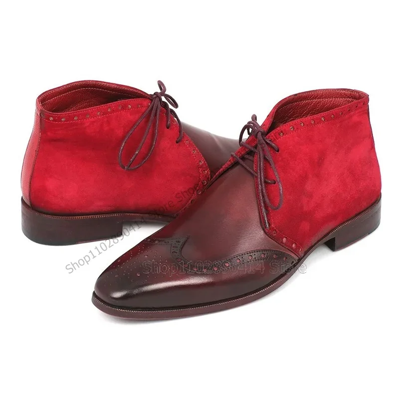 الأحمر البني المرقعة Strappy حذاء من الجلد أزياء من الدانتل يصل حذاء رجالي الحرفية الفاخرة حزب مأدبة مكتب الرجال فستان الأحذية #2