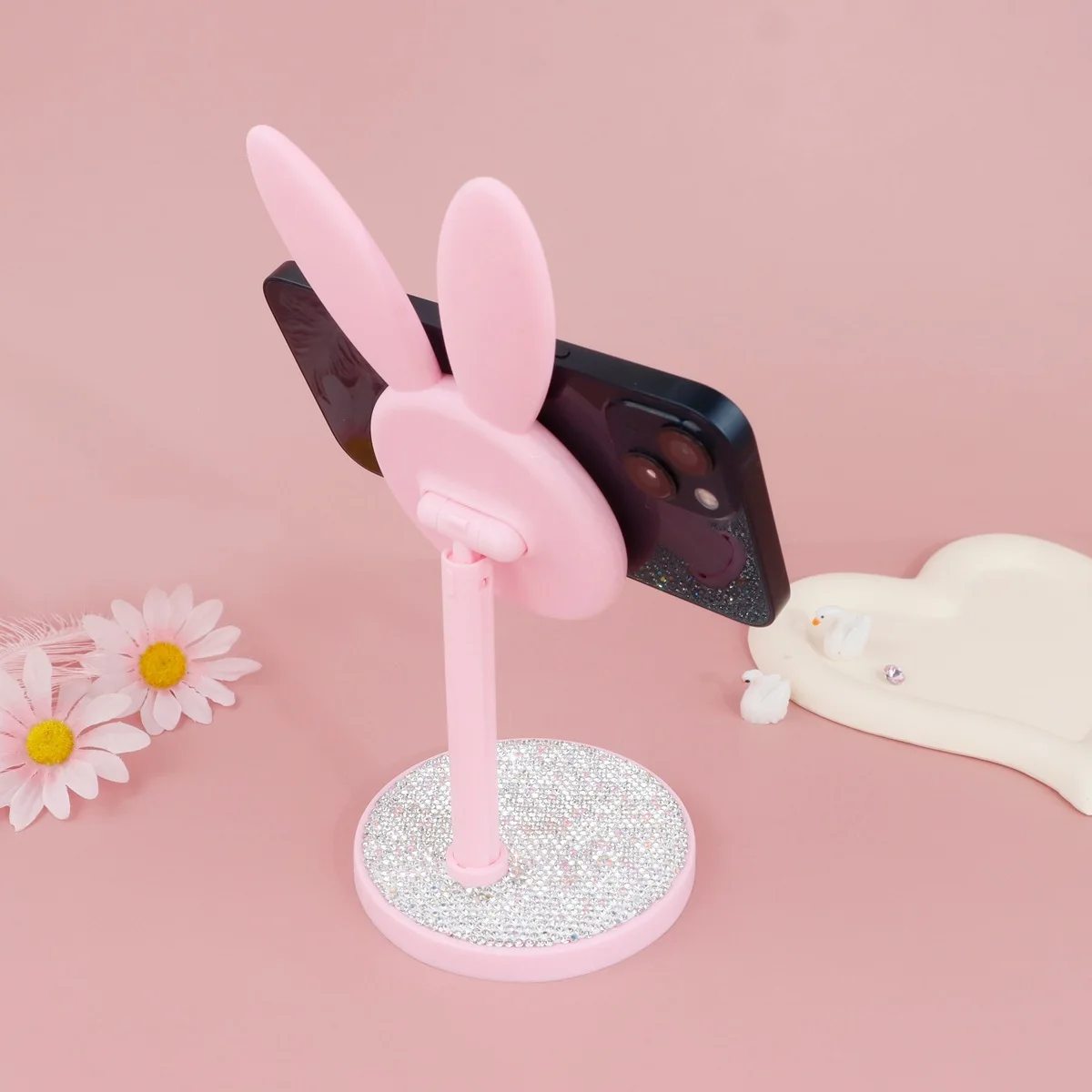 Cute Rabbit Desktop Phone Holder Rhinestone IPad Adjustable Tablet Computer Holder Universal Desktop Cell Phone Live Stand Gift