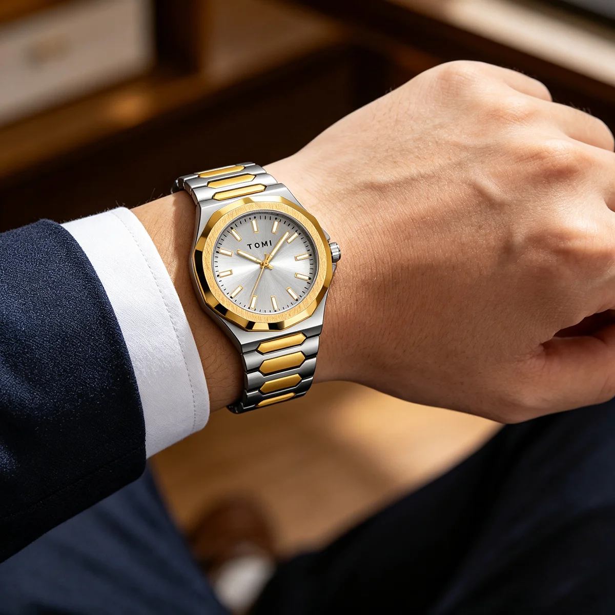 TOMI Men Luxury Watch Gold Silver Two Tone Stainless Steel Quartz Watch Business Date Wristwatch Reloj Hombre Montre Homme