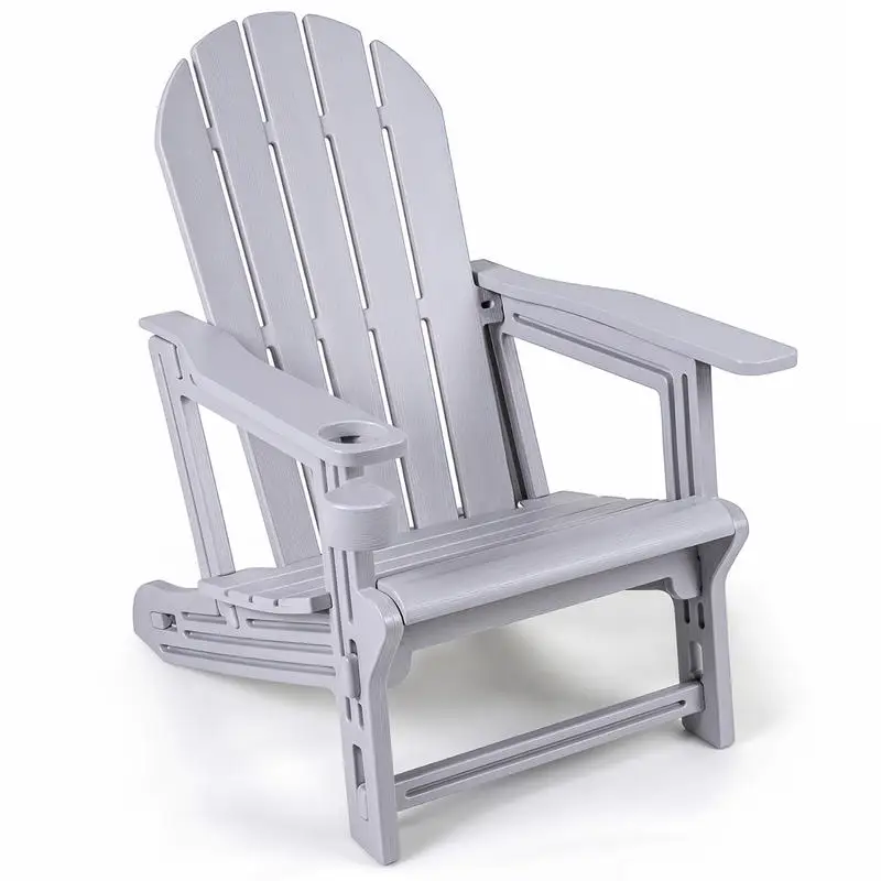 HDPE Adirondack Chair with Cup Holder and Wooden Texture for Patio-Gray