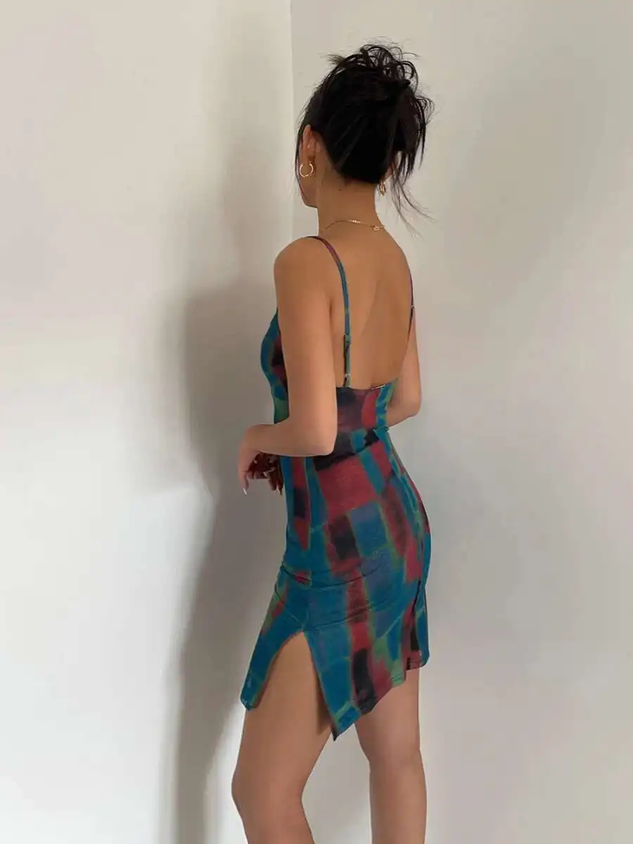 

Spicy Pure Desire Girl Tie Dyed Double-layer Mesh Printed Slim Fitting Suspender Women Checkered Sexy Wrap Buttocks Dress 37H5