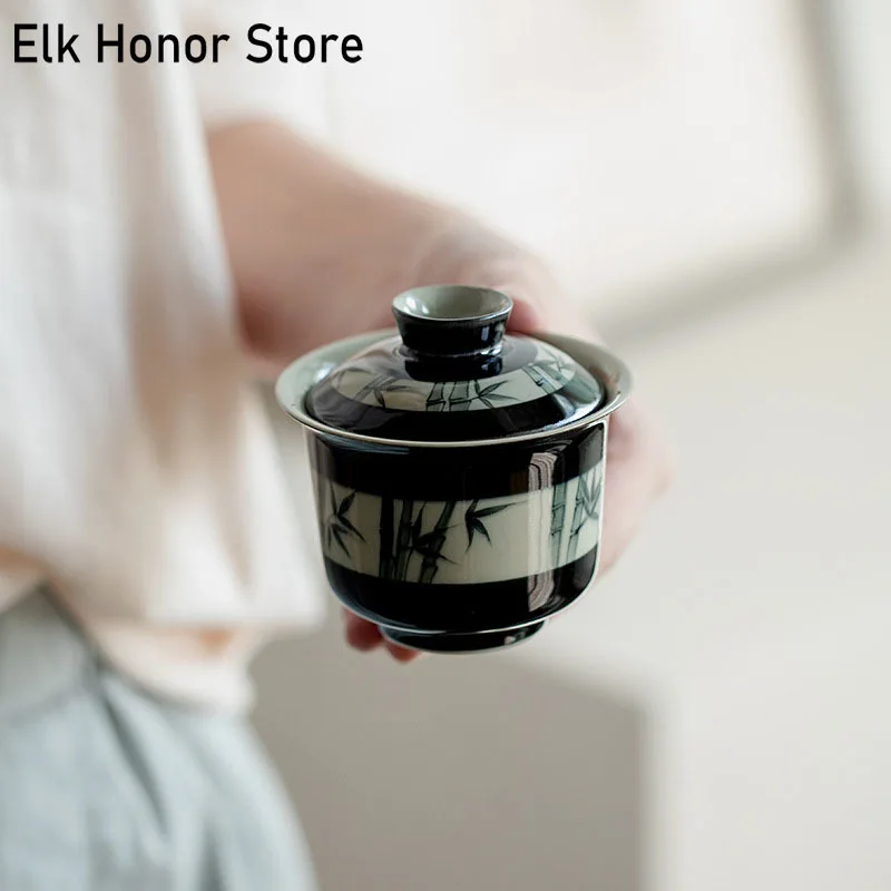 100ml Pure Hand-painted Ink Bamboo Ceramic Tea Tureen Black Ground Jade Tea Bowl With Cover Tea Maker Gaiwan Kung Fu Tea Set