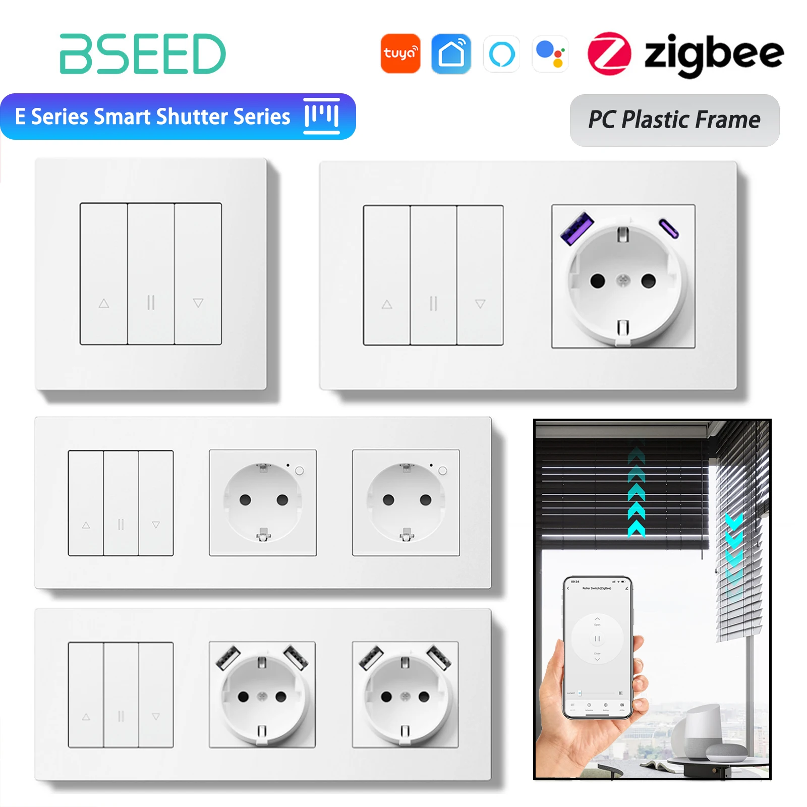 

BSEED E Series Zigbee Shutter Switch Smart Click Button Switch for Blinds Plastic Frame Support Tuya Smart Life Alexa Control