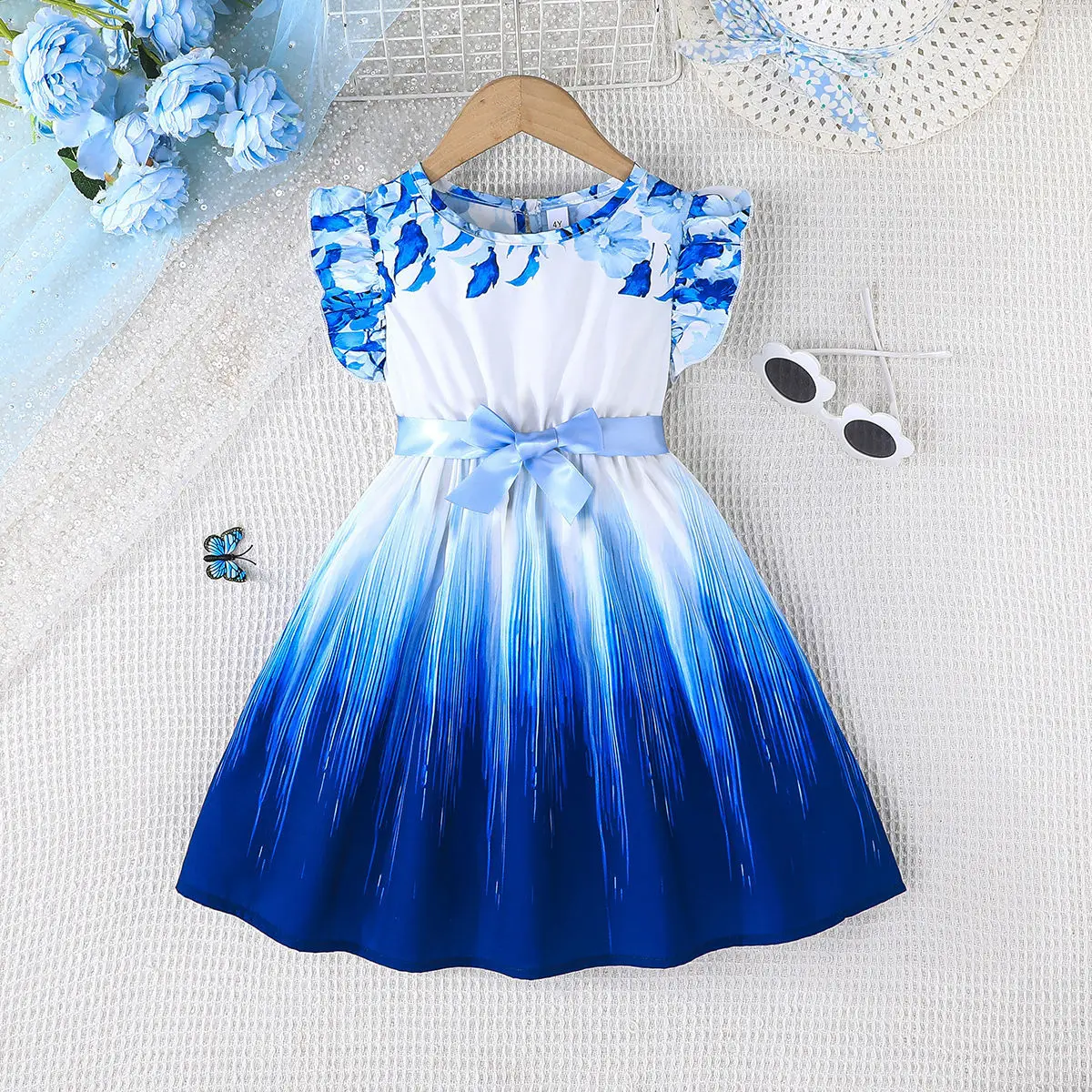 2025 New Arrival Girls Sleeveless Ruffles Print Floral Sashes Tie-dye Blue Cute Holiday Night Party Princess Dress Custume 8-12T