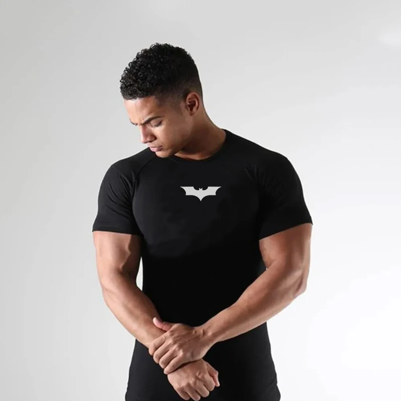 Mens Slim Fit Sports Short Sleeve T-shirt European and American Summer Fashion O-neck Quick-drying Elastic Gym Fitness T Shirt
