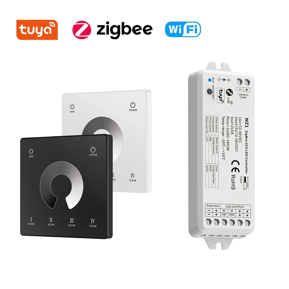 2CH Tuya Zigbee WiFi Led Controller 12V 24V Dimmer CCT WW/CW Single Color Strip Control Touch Remote for Alexa Google/APP/Voice