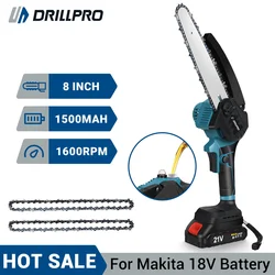 Drillpro 8 Inch Cordless Electric Chainsaw with Oil Pot Brushless Garden Pruning Saw Woodworking Cutter for Makita 18V Battery