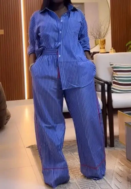 

2 Piece Sets Woman Outfit New Fashion Long Sleeved Striped Print Casual Lapel Button Up Shirt High Waist Straight Leg Pants Set