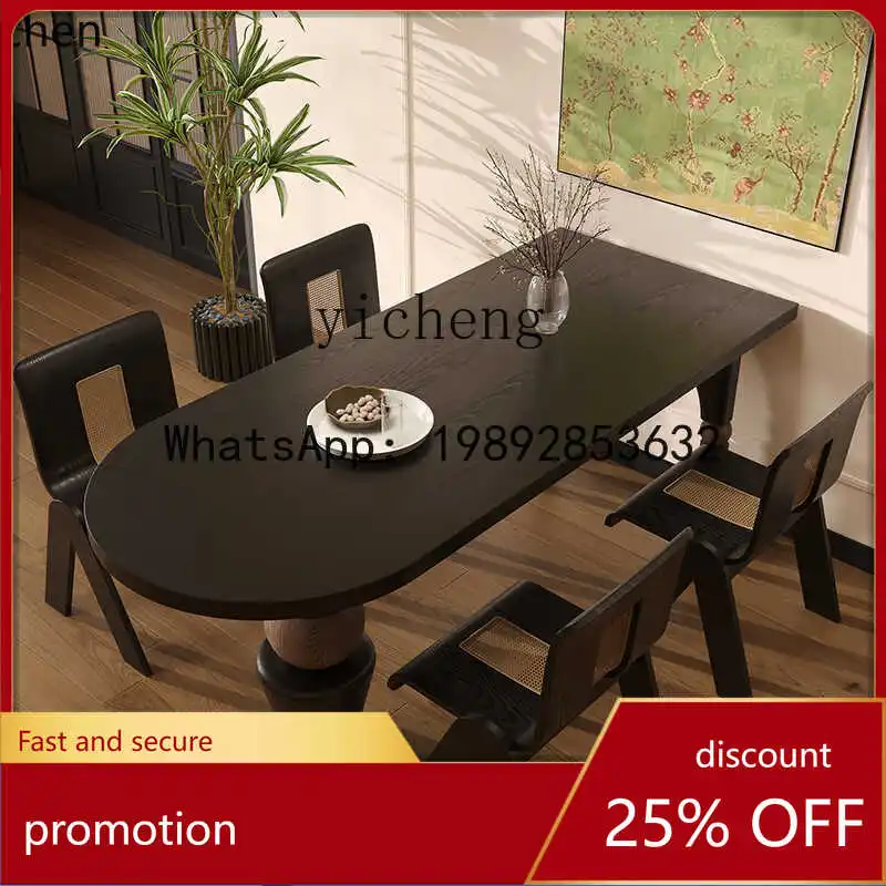 

HT French antique solid wood dining table retro oval home living room black wall dining table desk integrated