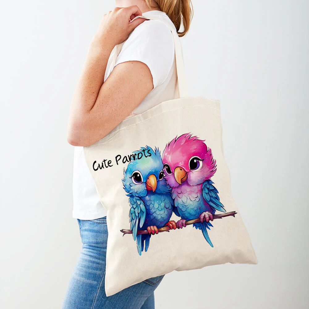 Double Print Funny Parrot Women Shopper Bag Casual  Child Gift Girl Travel Handbag Cute Cartoon Bird Animal Lady Shopping Bags