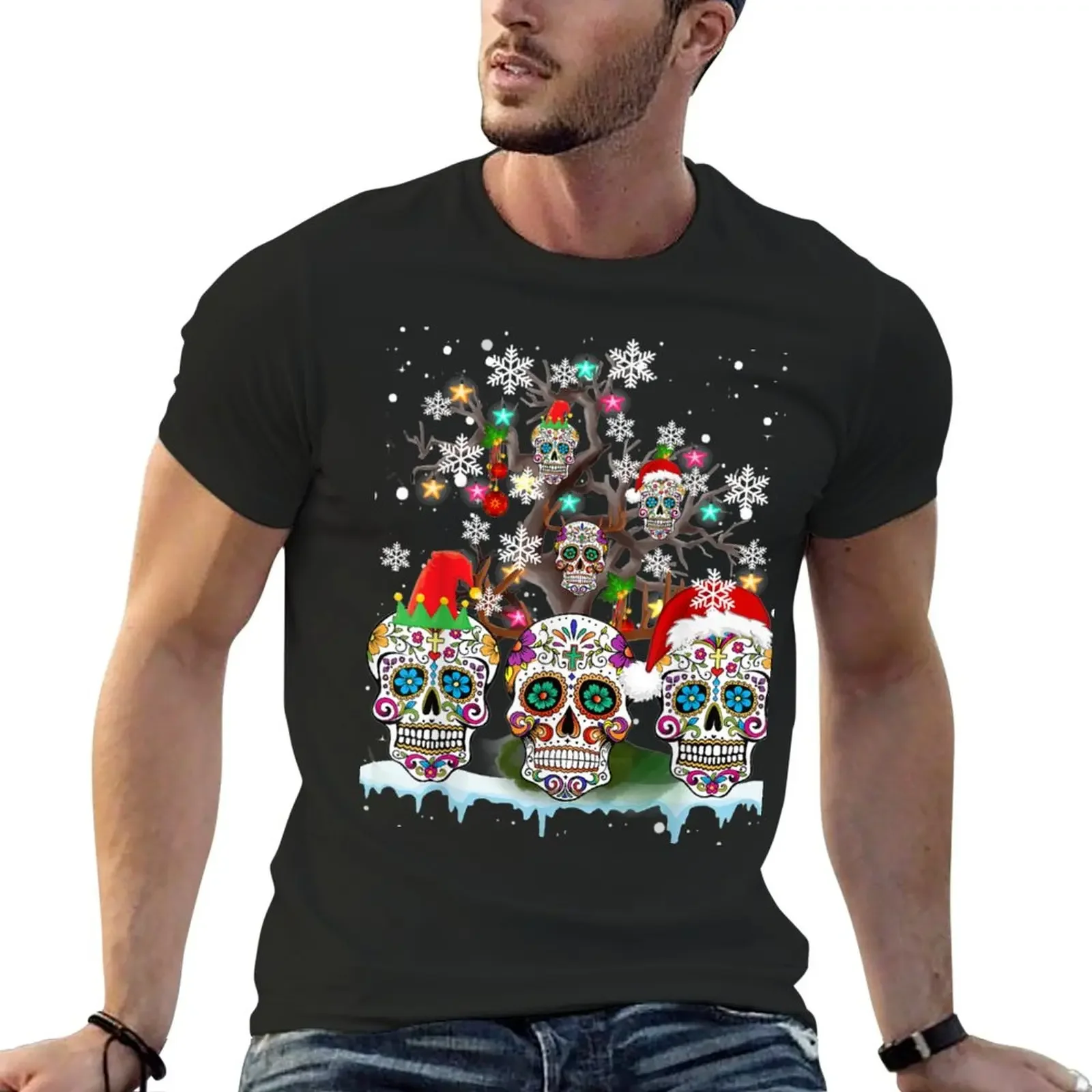 Christmas Sugar Skull On Tree Funny Santa Sugar Skull Gifts T-Shirt hippie clothes cute tops graphics plain white t shirts men