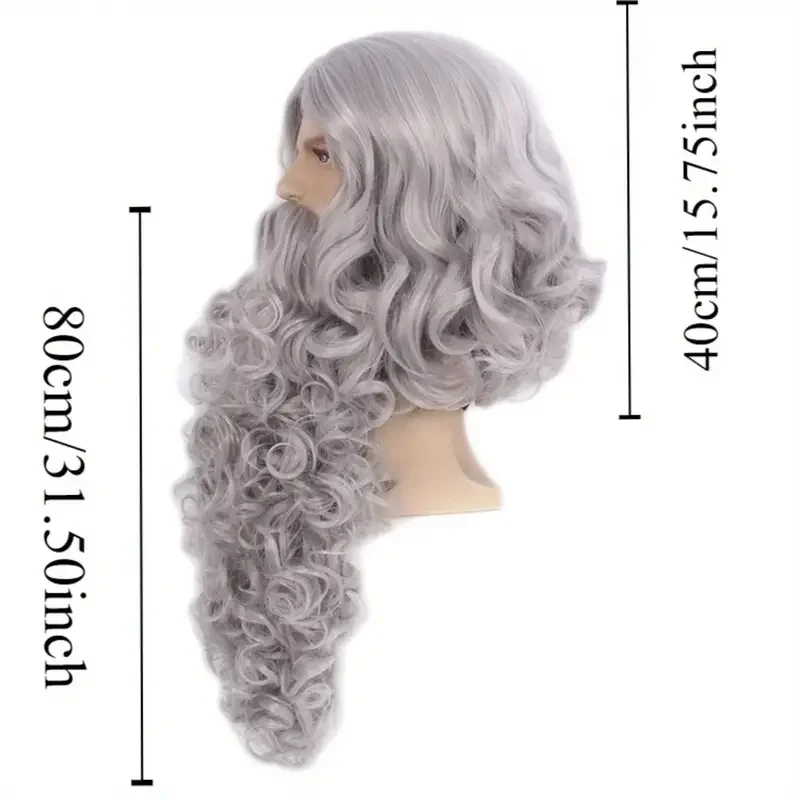 Santa\'s Super Fluffy Grey Wig & Beard Set - Synthetic Curls for Memorable Cosplay and Halloween Costumes for Christmas J47801S