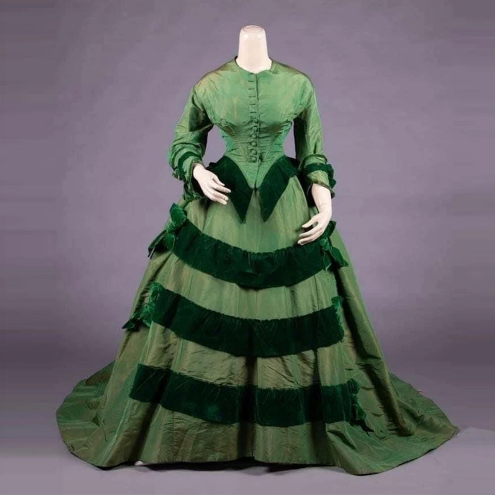 

1870s Green Visiting Dress Victorian Royal Queen Walking Costume Renaissance Colonial Civil War Duchess Tea Party Ball Gown