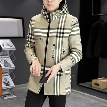 2024 Spring and Autumn New Fashion Checkered Long Hooded Trench Coat Men's Casual Loose Comfortable Windproof Large Size Coat