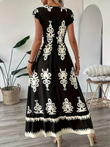 Imagen 2 del producto Vestidos elegantes de manga corta con cuello en V para mujer, vestido con estampado Floral de estilo de vacaciones con patrón geométrico, vestido veraniego para la playa, talla S-XXL