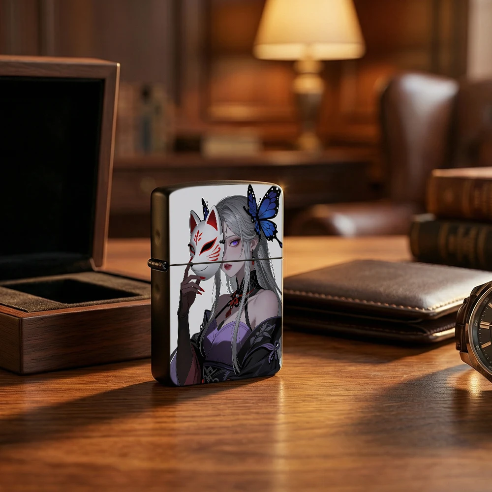 Flip Top Lighter Anime Girl Fox Mask Blue Butterfly Pattern lighters vintage lighters for smokers Oriental Style Hobby Gift