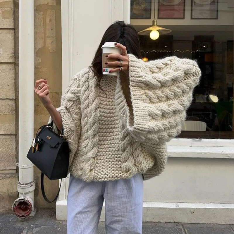 Oversize Knitted Women Sweater O Neck Loose Pullover Coarse Needle Casual Sweater Coat 2024 Autumn Winter Casual Lady Outerwear