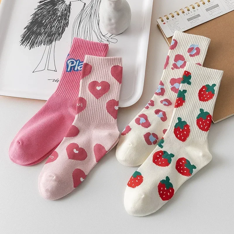 

1 Pairs Cotton Blend Socks Men Women Street Skateboard Happy Strawberry Fruit Print Harajuku Plastic Hearted Lip Funny Socks