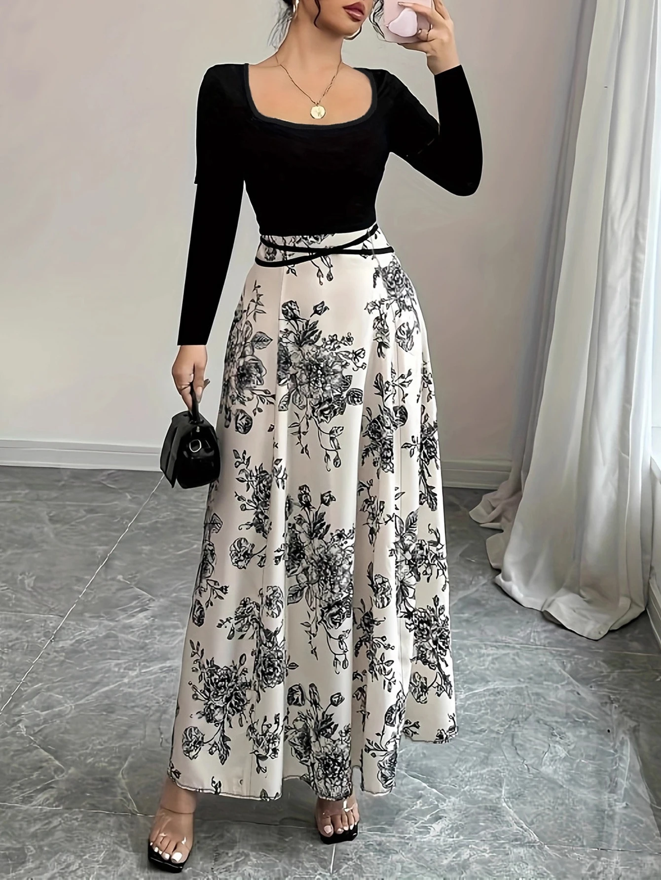 Business Casual Long Straight Tube Dress Round Neckline Tie Waist Commute Appropriate Women's Skirt Fashionable Office Wear