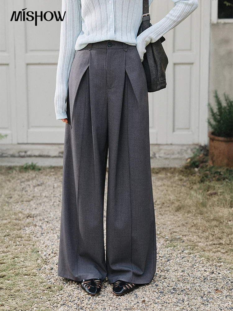 

Женские брюки MISHOW с высокой талией и широкими штанинами, весна 2026, на резинке сзади, плиссированные, повседневные, свободные, серые, MXF14K1206