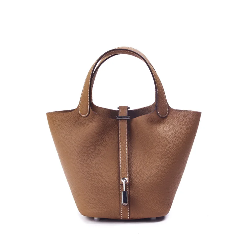 18/22cm Luxury Genuine Leather Handbag Women Tote Bags With Silver-tone Lock Soft First Layer Of Cowhide Bucket Bag Without Logo