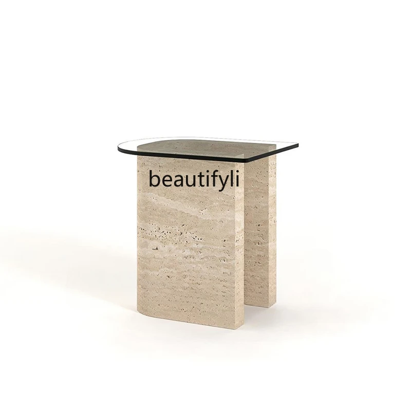 

Simple modern designer U-shaped travertine marble edge few living room sofa glass side table