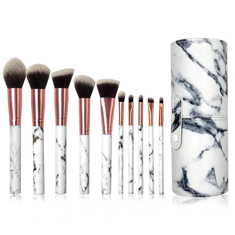 10  Marble Makeup Brushes Premium Synthetic Kabuki Foundation Blending Face Powder Blush Concealers Eye Shadows