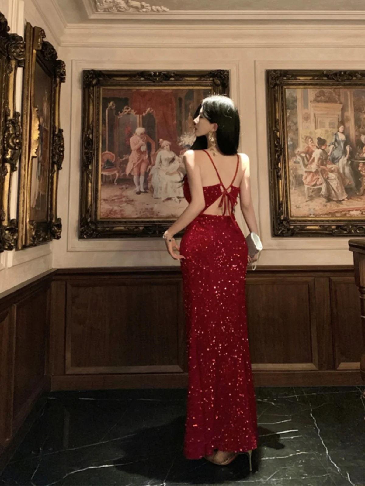 Sexy bal rode bruiloft Dr Cisas thema lage taille jurk met pailletten strapl fi staart lange Dr voor verloving