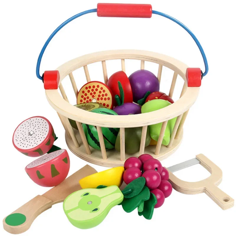 Children's Wooden Emulational Magnetic Cut Fruits Vegetables Basket Game Play Toys Baby Toys Kitchen Educational Toy Food Set