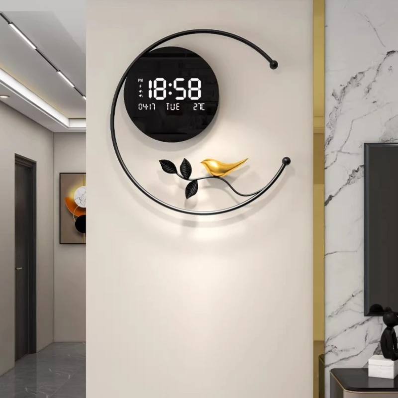 Living Room Metal Wall Clock Bedroom Alarm Clock LED Display Temperature Calendar Hang Watch Indoor Mute Clock Room Decor Watch