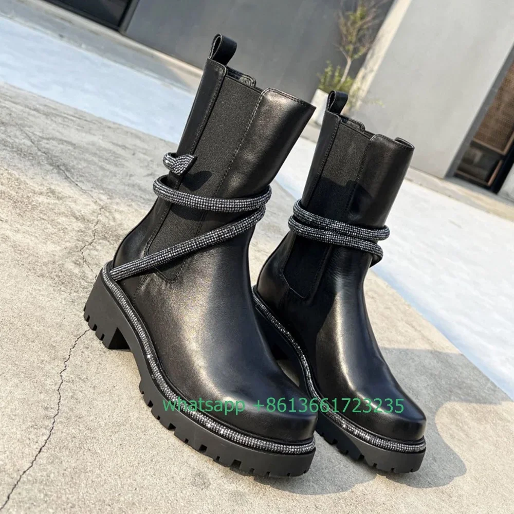 

Rhinestone Snake Shape Twine Shiny Boots Black Genuine Leather Ankle Boots Elastic Fabric Low-heeled Women Luxury Mid Boots