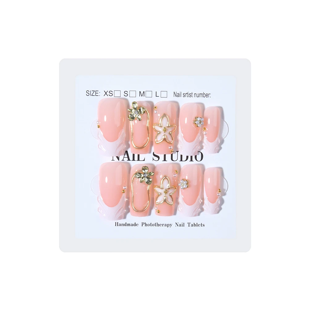 10Pcs/Set Handmade Medium-sized Almond 3d gel flower Golden French Press on nails，Leopard print and crystal embellishments view 6