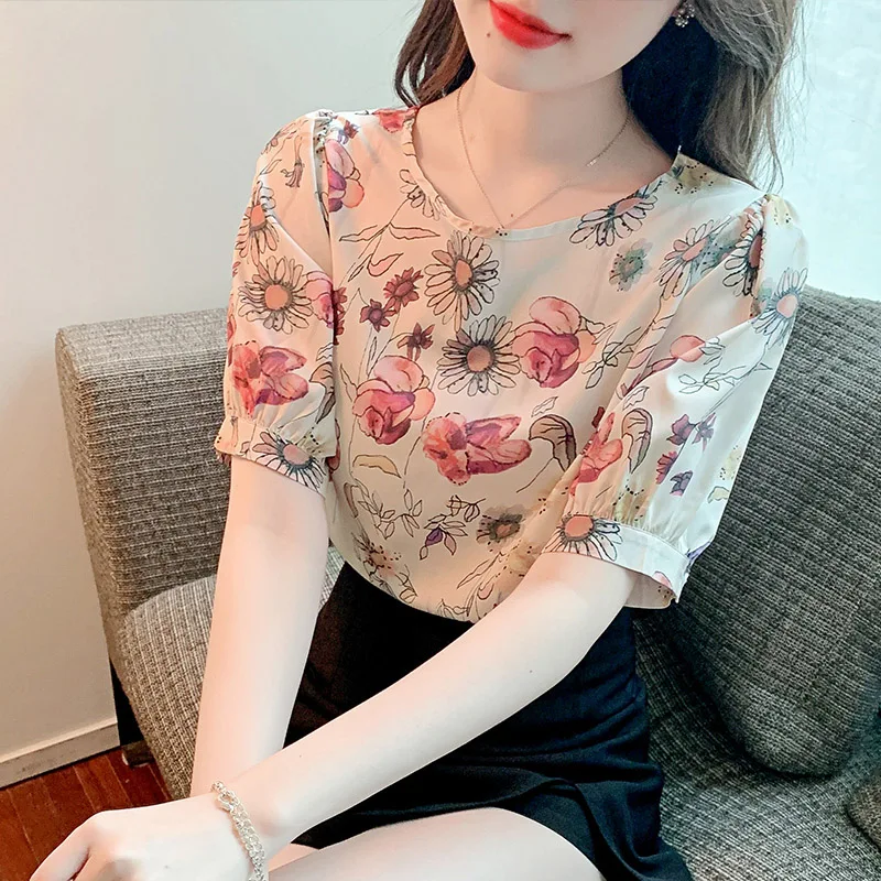 

Women's Printed Pullover Chiffon Shirts, Summer, Short Sleeve, Loose, Fashion Blouse, O-neck Vintage Chic, Commute Tops