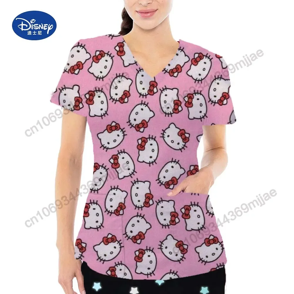 Summer new Holle Kitty Printed Pattern V-neck Double Pocket Nurse uniform Comfortable and Casual Y2k style Women's T-shirt