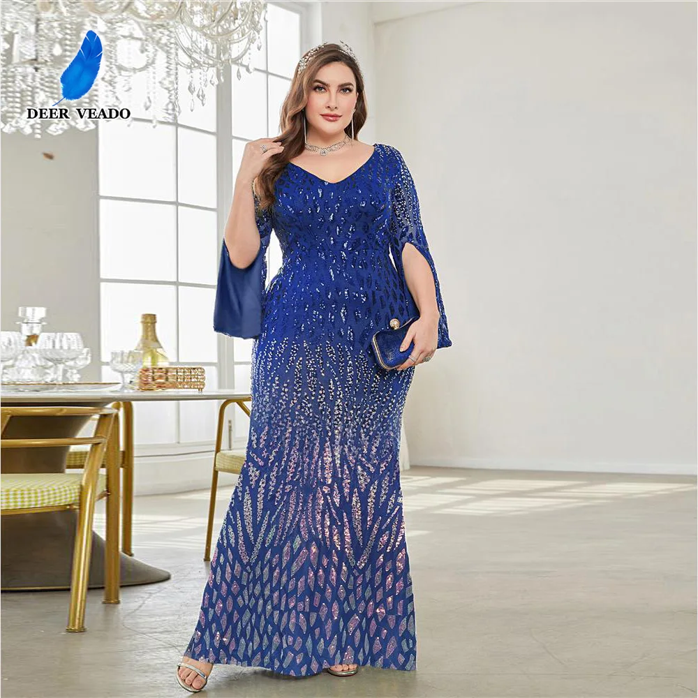 

DEERVEADO Women Plus Size Evening Dresses Long Sleeves Mermaid V-Neck Sequins Wedding Party Dress Formal Occasion Maxi Dresses