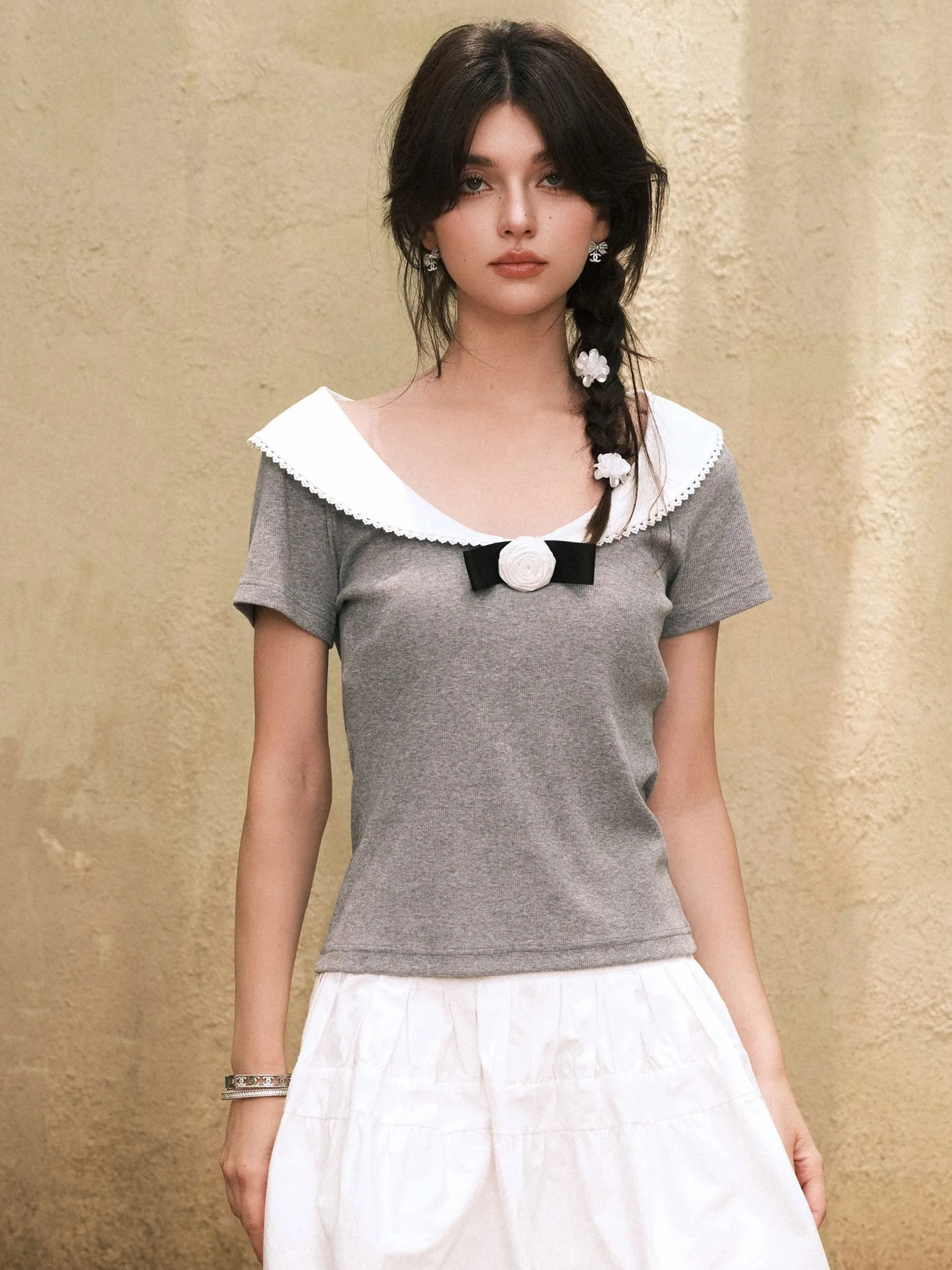 

Marc Moore Summer New Lace Trim Doll Collar T-irt Women's Faion Slim Fit Cotton Sweat Absorbent ort Sve Pure Color