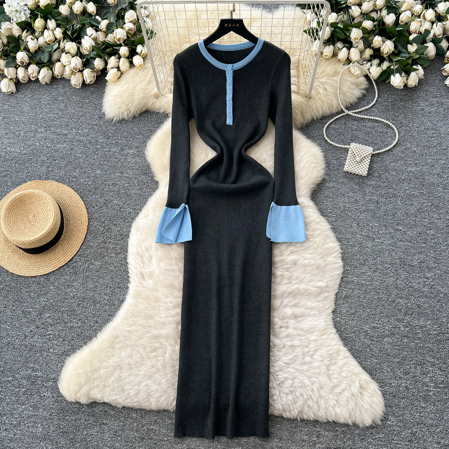 Robe longue en tricot pour femmes, Style français, Vintage, col rond, fente, manches longues, pull, Hit Color Patchwork, Slim, nouvelle collection automne 2026