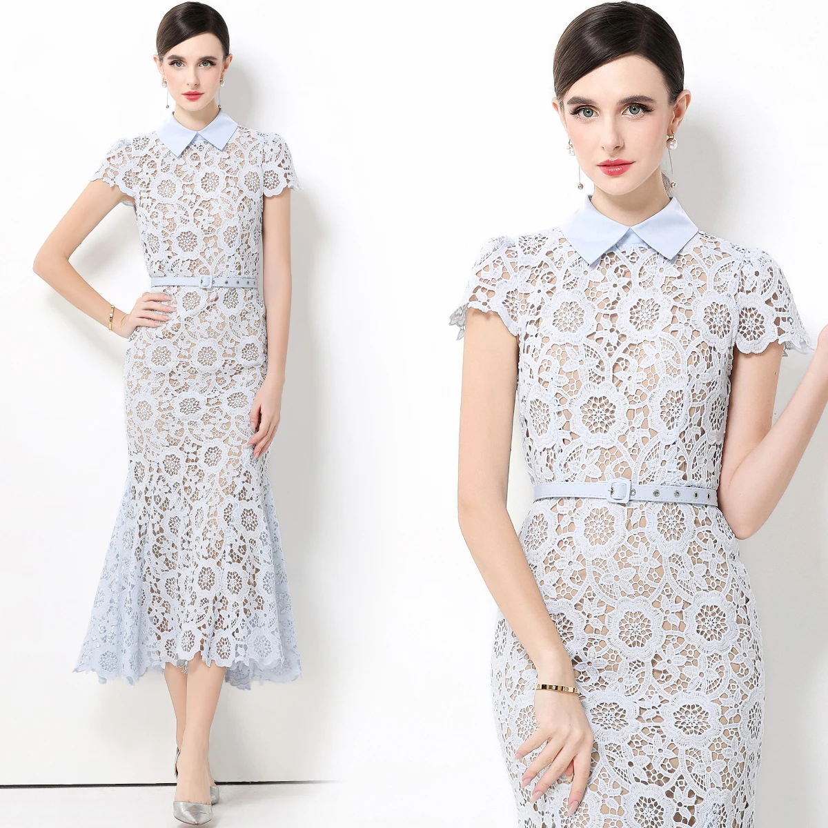 Abito estivo retrò solido ed elegante da donna, colletto rovesciato, abito a maniche corte, ritaglio a forma di fiore, gonna a sirena chic in pizzo