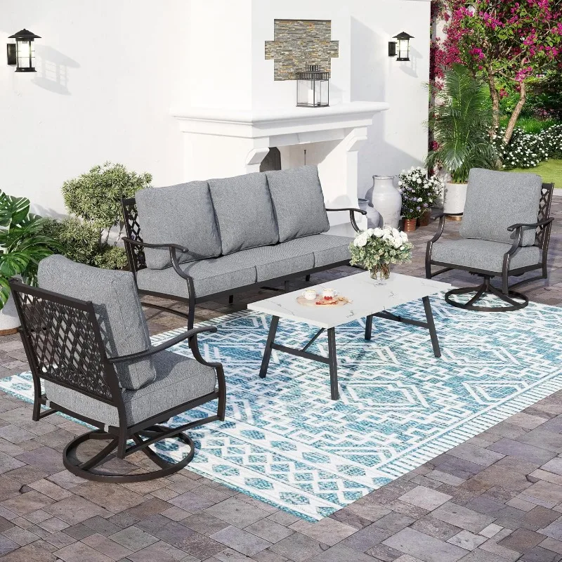 

4Piece Metal Outdoor Patio Furniture Set, Patio Conversation Sets 1 3-seater Sofa, 2 Swivel Chair with 5.75" Extra Thick Cushion