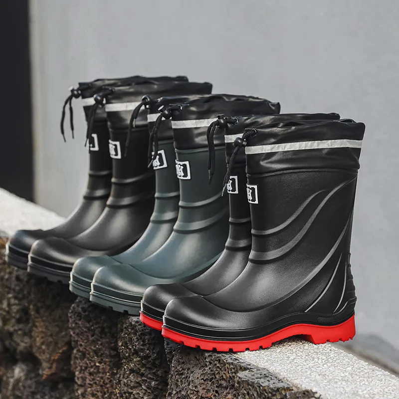 New Rain Boots Men's Waterproof Drawstring Rain Shoes Velvet Padded Suit Warm Non-Slip Flat Fashion Take-out Rider Rain Boots